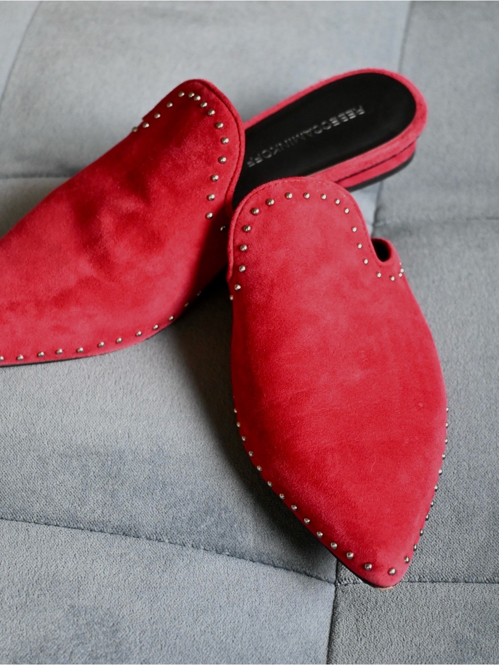 Rebecca Minkoff Red Suede Pointed-Toe Studded Mules